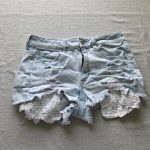American Eagle Denim Jean Stretch Hi Rise Shortie Destroyed Lace Pocket Shorts 6